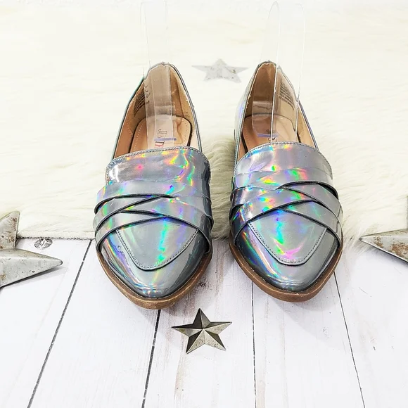 SOLD JustFab Raia holographic loafers rainbow silver 7 - Picture 2 of 8